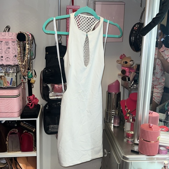 Bebe White side Cut-Out netted back Bodycon mini Dress vintage - Picture 5 of 6